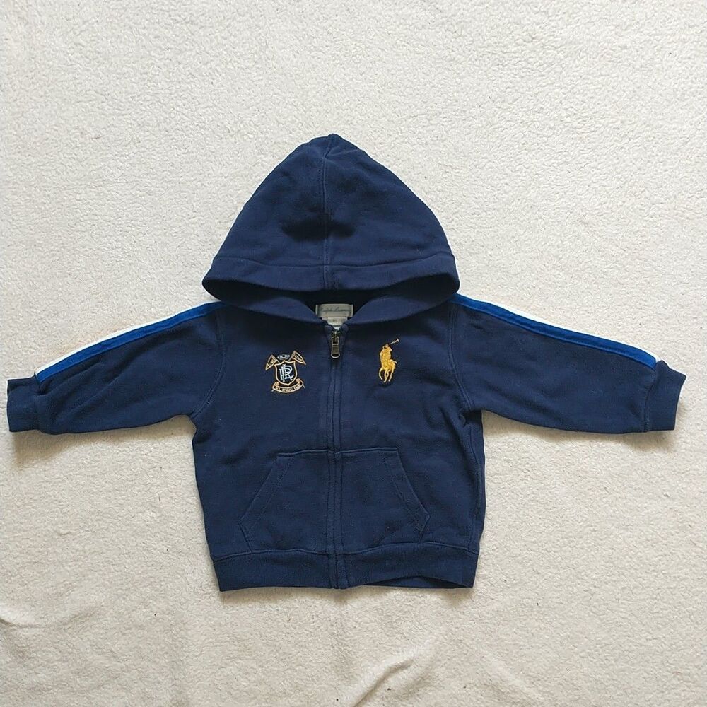 Ralph Lauren Sweatshirt Hoodie Baby Boys 6M Navy Blue Big Pony Triple Stripe
